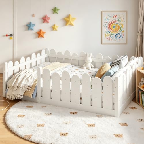 Image of Bellemave Full Size Kids Montessori Floor Bed,Floor Bed Frame with Rounded Safety Guardrail,Solid Wood Montessori Bed for Girls Boys,White