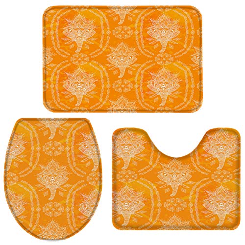 Queenker 3 Pieces Bath Rug Set Toilet Seat Cover Orange African Elephant Art Drawing Print Contour Rug, Pedestal Mat and Toilet Lid Cover?Non-Slip Bathroom Floor Mat 20''x31''+16''x18''+16''x20''