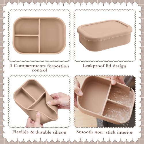 Image of Honeydak 4 Pcs Silicone Bento Box, 3 Compartment Lunch Food Container for Women Men, Leak Proof Microwave Easy to Clean Dishwasher Freezer Safe (Bohemian Color)