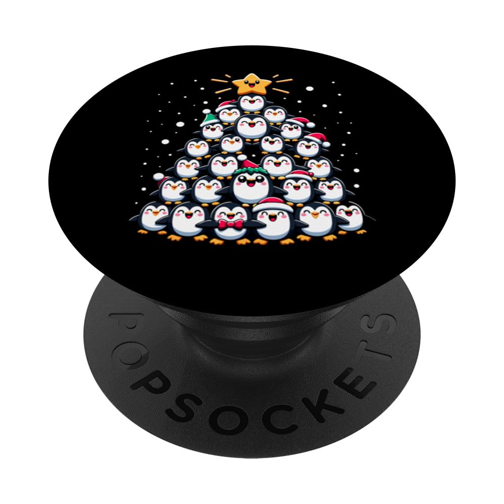 Penguins Christmas Tree Funny Penguins Xmas PopSockets Swappable PopGrip, Black