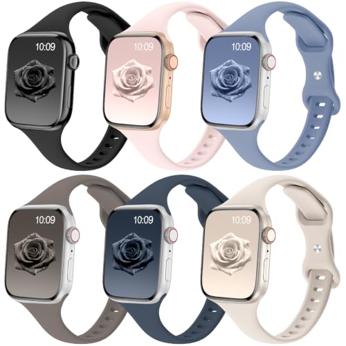 Image of 6 Pack Thin Slim Soft Silicone Bands Compatible with Apple Watch Women Men | 38mm 40mm 41mm 42mm 44mm 45mm 46mm 49mm, Waterproof Lightweight Strap for iWatch Series 11 /10 /9 /8 /7 /6 /5 /4 /3 /2 /1 SE Ultra