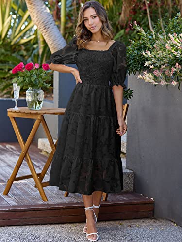 Lillusory Women's Floral Lace Square Neck Midi Dresses Flowy Puffy Sleeves A Line Dress Black M #TOP3