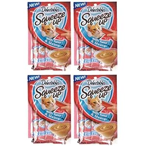 Squeeze Up Hartz Cat Treats Bundle of 4 Flavor Pouches, 2.0 oz Each (Tuna & Shrimp)