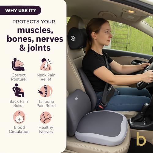 Image of Memory Foam Cars Neck and Lumbar Support Pillow, Removable Cover, Head Rest Support for Cars, Office Chair, Black, 1 Pack (Seat Cushion (Gray))