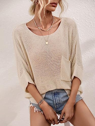 Women's Oversized 3/4 Sleeve Crochet Sweater Top Beach Summer T-Shirt Cottagecore Clothing Aesthetic Sweater Pullover3
