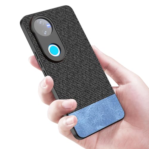 Image of Kapa Soft Fabric & Leather Hybrid Protective Back Cover for Vivo T4R / V50 / V50E 5G | Shockproof Slim Hard Anti Slip Back Case (Black,Blue)
