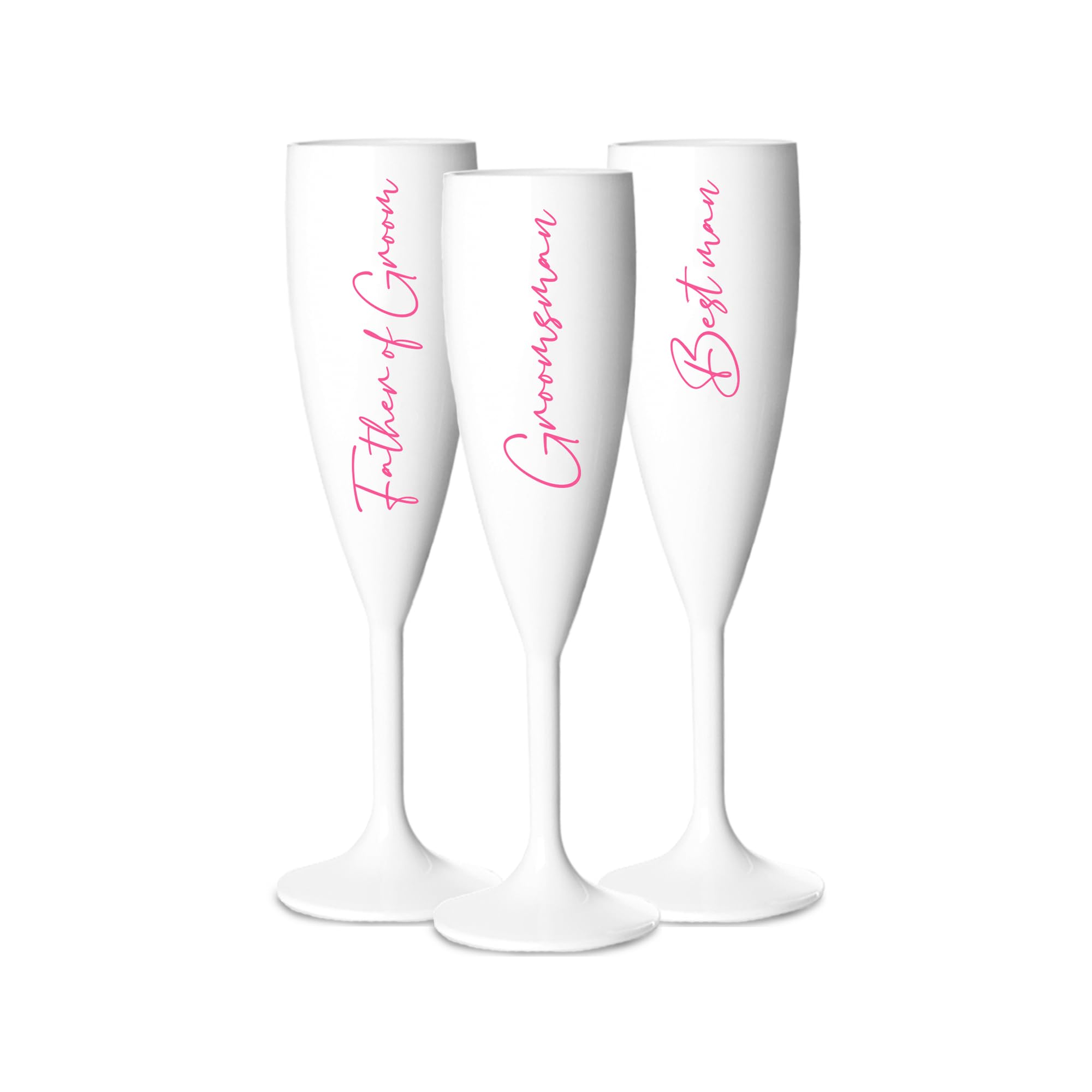 Print Maniacs Champagne Premium White Flute Glass Bride Groom Mr Mrs Wedding Maid Honour Wine Cocktail Prosecco Celebrations Gift (Baby Pink, Set of 3 Grooms Side)