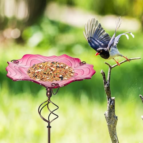 Image of HONGLAND Bird Baths for Outside,12 inch Small Pink Glass Birdbaths Outdoor,Detachable Bird Feeder with Metal Stake for Garden Yard Patio Decor,32 inch Height
