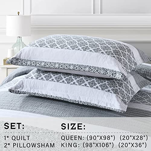 Perhom King Quilt Sets 100% Cotton King Size Quilt, Bluish Gray Stripe Quilt Floral Bedspread, Lightweight King Quilt Bedding Sets For All Season, 3 Pieces #TOP6