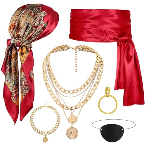 GWAWG 6 peças acessórios pirata para mulher, disfarce medieval pirata com tecido, cinto, brincos, emblema para os olhos, colar e pulseira para Halloween, carnaval, festas de cosplay