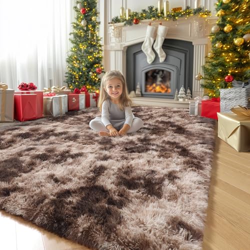 Amdrebio Tie-Dyed Brown Rugs for Bedroom Living Room, 5x7 Fluffy Shaggy Plush Area Rugs for Kids Room Decor Aesthetic, Fuzzy Furry Floor Thick Carpet for Classroom Playroom Preppy Dorm Baby Nursery