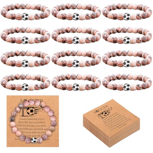 Ecation 12 Pcs Sport Bracelets Team Gift Lava Stone Black White Beaded Bracelet with Inspirational Card for Sport Party Favor(Soccer)