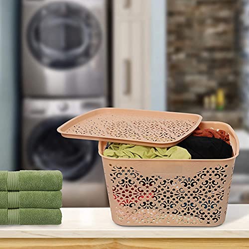 Image of Cutting Edge Essentials Plastic Storage Baskets /Shelf /Turkish Rack with Lid - Set of 2 for Fruit Vegetable Bathroom Stationary Home Basket with Handle (Biege, Large)