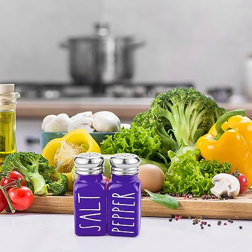 Image of Purple Salt and Pepper Shakers Set by Brighter Barns - Modern Farmhouse Kitchen Decor and Accessories - Cute Salt and Pepper Set - Glass Shakers & Stainless Steel Lids for Home, Restaurants (Purple)
