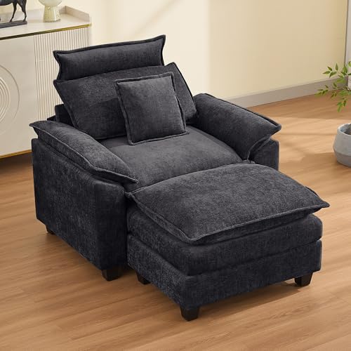 Image of 46''Cloud Sofa Chair with Detachable Headrest, Oversized Upholstered Arm Accent Chair with Ottoman, Modern Chenille Reading Lounge Comfy Armchair for Living Room,Bedroom, Dark Grey