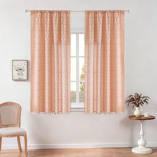 Image of Boho Curtains 63 Inch Long for Living Room, Bedroom, 2 Panels Floral Farmhouse Vintage Tassel Semi Sheer Light Filtering Privacy Window Curtain Drapes with Rod Pocket,Pink