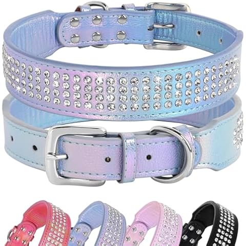 Beirui Bling Rhinestone Dog Collar with Diamonds Studded - Colorful PU Leather Padded Dog Collar 1.5 Inch Wide - Heavy Duty Bedazzled Dog Collar for Medium Large Dogs,19-24",Blue Cover