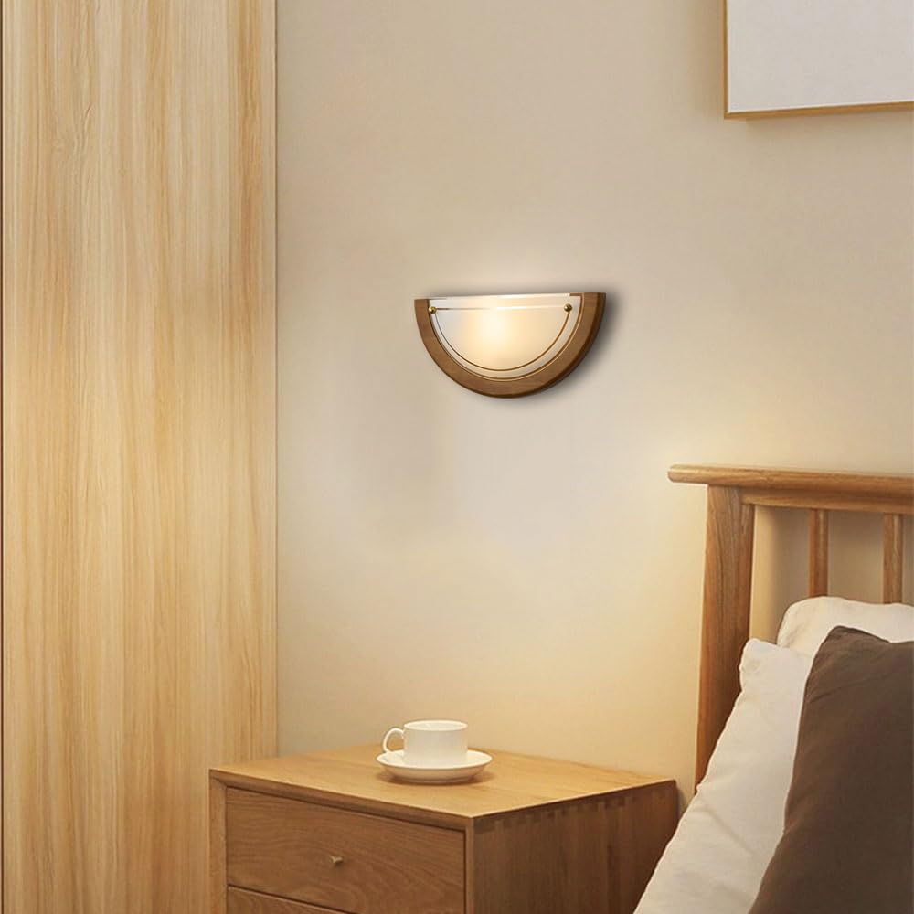 Applique da parete semicircolare in legno e vetro, stile industriale nordico, con sorgente luminosa G9, ideale per soggiorno, corridoio e comodino.