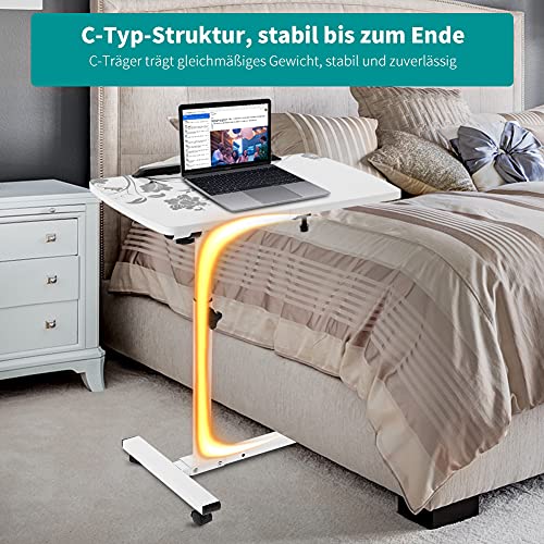 Tavolino Portatile per Computer con Ruote, Altezza Regolabile, Forma a C, Struttura in Metallo, per Letto e Divano, Uso Domestico e Ufficio, Bianco