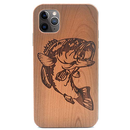 iPhone 11 Pro Max Case, Bass Fish Handmade Carving Real Wood Case Wooden