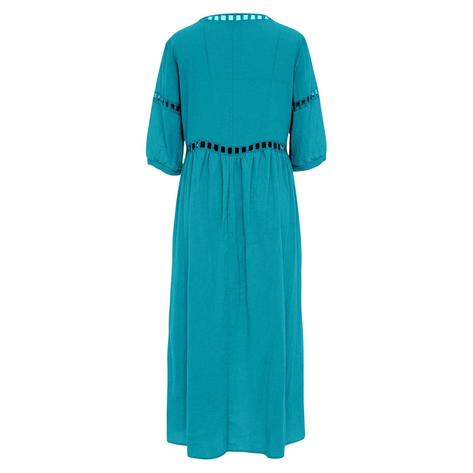 Vestito Lino Donna Estivo Abito Estivo da Donna a Maniche a 3/4, Abito Casual con Scollo V, in Cotone, Camicetta, Casual, Abiti Tunica Bianco Lungo