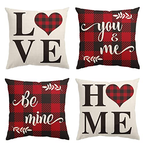 MHMJON Valentine's Day Throw Pillow Covers 16x16 Set of 4 Love Pillow Covers Valentines Day Decorations Decorative Cushion Cover for Home Sofa Bed Car Decor