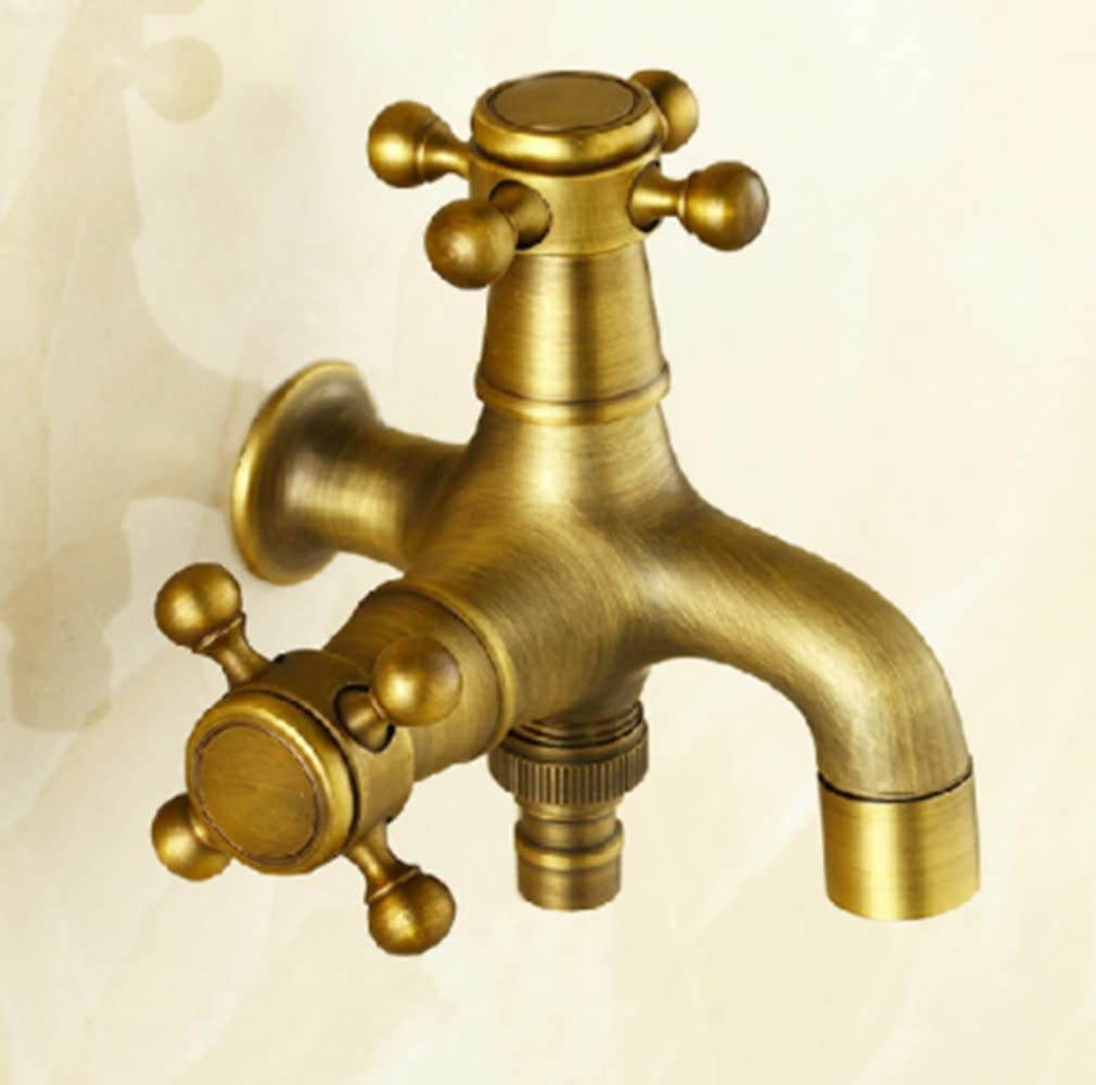 Grifo de Latón Antiguo 1/2 Pulgadas Montaje en Pared para Cocina Lavabo Jardin Decorativo (double salida 1)