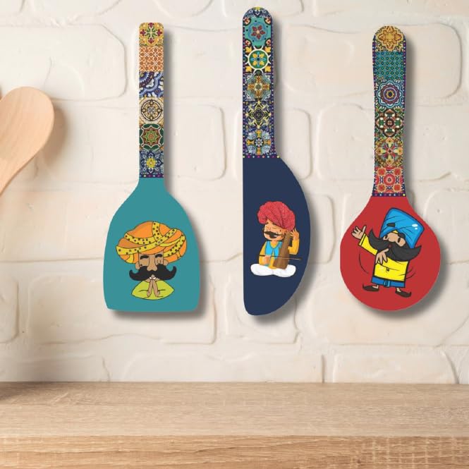 Image of Rajasthani Culture Spoon-Shaped MDF Wooden Wall Hanging | Decorative Home Decor Plates | Traditional Ethnic Artwork for Living Room, Bedroom & Hall | Lightweight & Ready to Hang, 1 order is 3 pieces