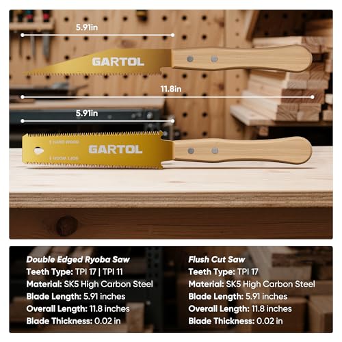 Image of GARTOL Japanese Pull Saw Set for Woodworking - 2-Piece Hand Saw with 6 Inch Flush Cut & Double-Edged Ryoba Blade - SK5 Steel Precision Wood Cutting Tool for DIY Carpentry Trim Work
