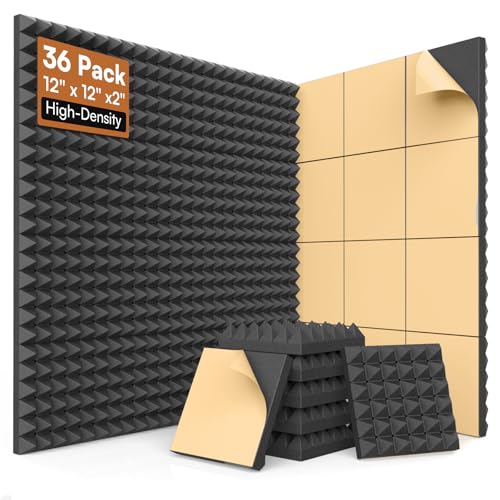Image of SD SODOCT 36 Pack 12 x 12 x 2 Inches Pyramid Acoustic Foam Panels, High Density Acoustic Foam, Self-Adhesive Sound Proof Foam Panels for Walls, Fire Resistant, Studio Wall & Ceiling Panels, Black
