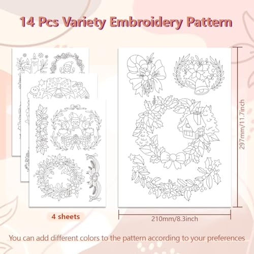 Image of Peacoblue Water Soluble Embroidery Patterns for Beginners, Christmas Flower Wreath Reindeer 4 Sheets with 14pcs, Wash Away Embroidery Pattern Stabilizer for Hand Sewing Lover Women Adults