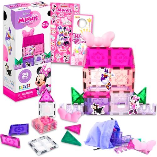 Disney Minnie Mouse Magnetic Tile Travel Set - Bundle with 26 Pc STEAM Building Educational Toy Plus Stickers More | Minnie Mouse Building Toy Travel Activity Set