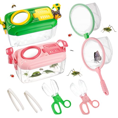 2Sets Bug Catcher for Kids - Sturdy Kids Bug Catching Kit Gifts with Collector Butterfly Net Tweezer, Bugs Habitat Outdoor Explorer Kit for Age 3 4 5 6 7 8, 8Pcs, Green & Pink