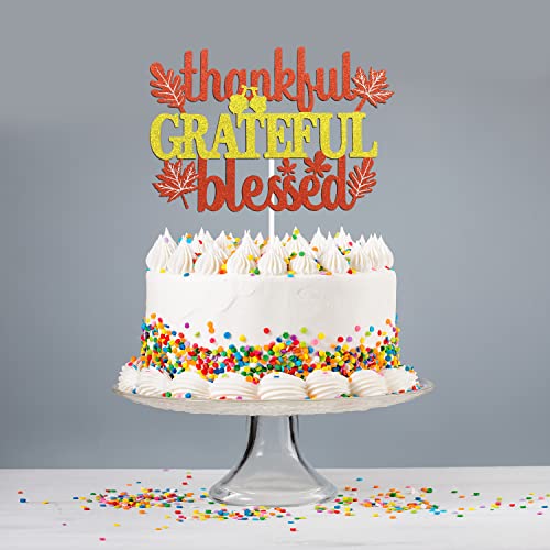 Thankful Grateful Blessed Cake Topper - Gold Glitter Gracias Autumn Festival Party Cake Topper - Thanksgiving Blessed - Thank You Fall Cake Decoration #TOP5