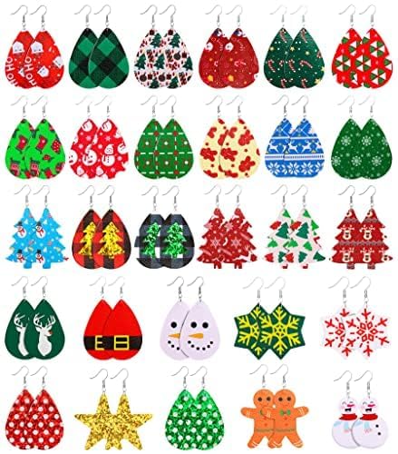 28 Pairs Christmas Leather Earrings for Women Faux Leather Earrings Multipack Christmas Tree Snowflake Glitter Star Teardrop Holiday Earrings2