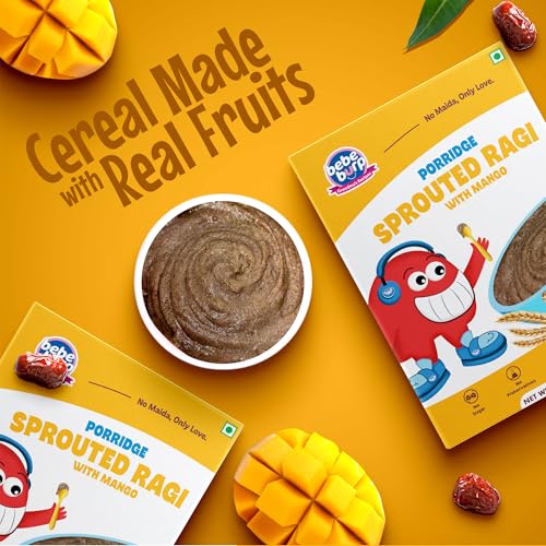 Image of Bebe Burp No Added Sugar Instant Cereal | Sprouted Ragi with Mango | No Preservatives No Salt | Lightly Sweetened with Date Powder | Made with Ragi, 200g