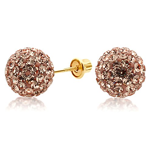 14K Yellow Gold Peach Color Crystal Ball Stud Earrings Screwback (Available 6mm, 8mm), 6