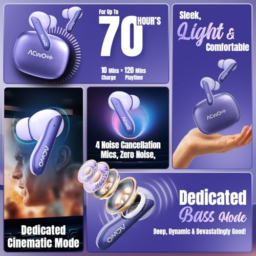 Image of ACwO Dwots 111 in Ear Wireless Earbuds|Up to 75Hrs Battery Life|10Mm Spatial Drivers|Noise-Free Calls with 4 Noise Cancellation Mics|Bluetooth V5.4|Dedicated Cinematic & Bass Mode (Irish Purple)