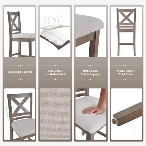 Image of COLAMY Upholstered Counter Height Bar Stools Set of 4, Modern Kitchen Island Barstools Chairs with Cross Back and Wood Legs for Dining Room Bar, Light Brown Wash