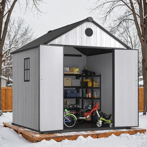 8x8-FT-Outdoor-Plastic-Storage-Shed-with-Floor-427-Cuft-Large-Weather-Resistant-Garden-Shed-with-Heavy-Duty-Steel-Frame-Water-Proof-Resin-Panels-for-Lawn-Tools-Bikes-Generator-Pool-Equipments 8×8 FT Outdoor Plastic Storage Shed with Floor 427 Cuft Large Weather Resistant Garden Shed with Heavy Duty Steel Frame Water Proof Resin Panels for Lawn Tools Bikes Generator Pool Equipments