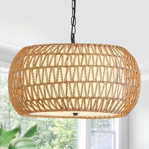 24"White Rattan Farmhouse Chandeliers For Dining Room,5-Light Hand