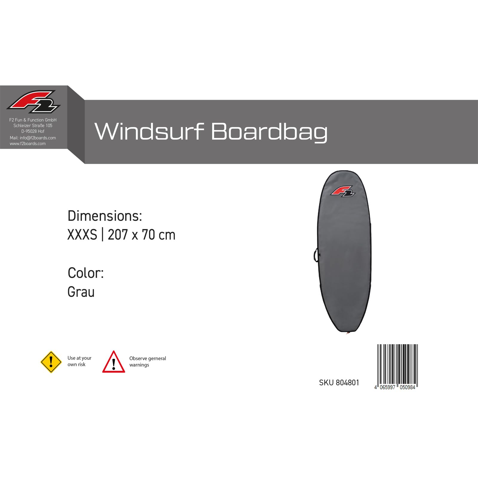 F2 Windsurf Boardbag XXXS 207 x 70 cm Grau 2024/2025