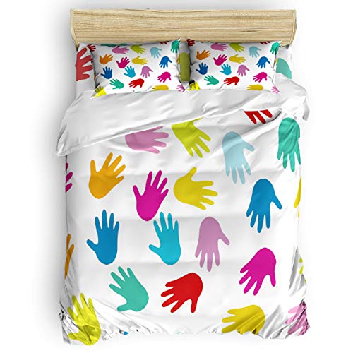 Yogaly Home Bedding Set 4 Pieces Queen Size for Adults/Teens/Children/Baby Colorful Cartoon Hand Print Printed Bed Sheets, Duvet Cover, Flat Sheet, Pillow Covers