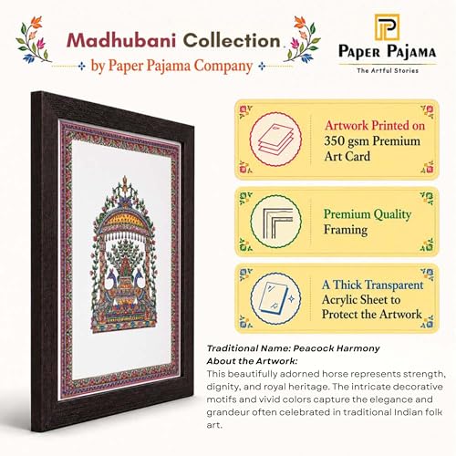 Image of PAPER PAJAMA Madhubani Peacock Kalash Wall Art for Living Room | Traditional Mithila Folk Painting | Peacock & Floral Indian Framed Decor for Home, Office & Bedroom (10x13 Inches)