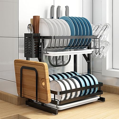 Escurreplatos plegable de acero inoxidable con bandeja de drenaje de 2 niveles sobre el fregadero, estante de secado con revestimiento negro, ahorra espacio, cocina para platos y cuencos
