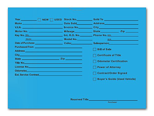 Printed Vehicle Deal Envelopes 9x12 Deal Jackets (100 Shrink Wrapped) (Teal)