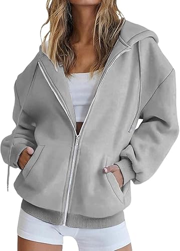 Womens Zip Up Hooded Sweatshirt Fall Fashion Patchwork Design Hoodie Pullover Comfy Fleece Long Sleeve Sweatshirts (Light Grey,XX-Large)