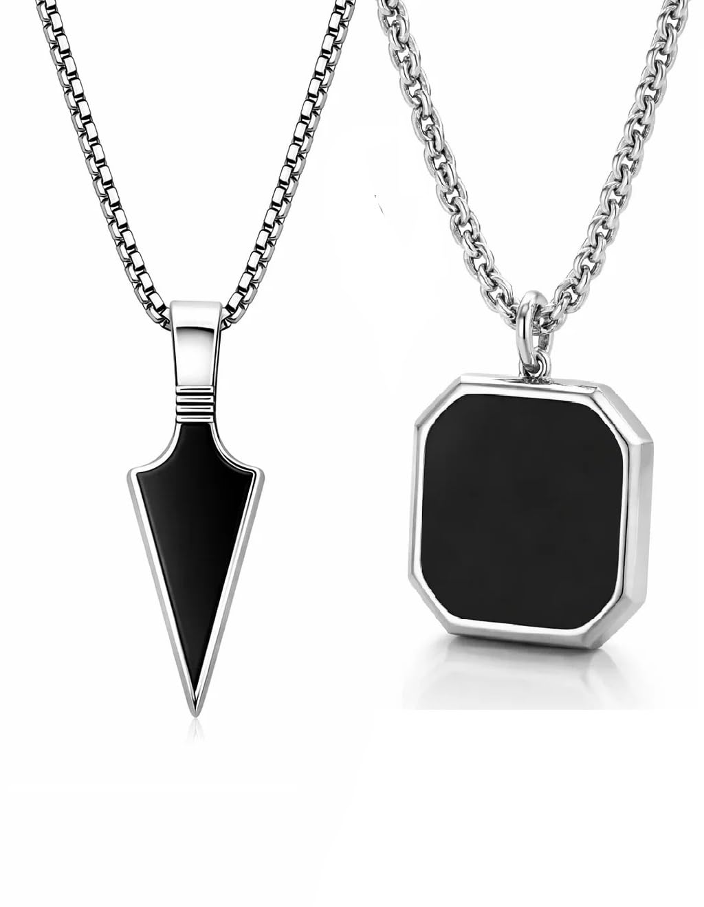 Stainless Steel Pendant Necklace, Black Silver Onyx Inlay Locket, Silver Chain, Men's Jewelry Chains Pack of 2-image-37