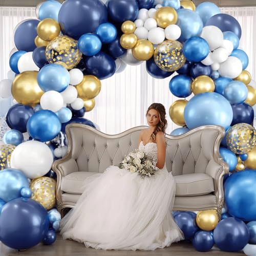 Image of Navy Blue and Gold Balloons Arch Kit, Blue and White Balloon Arch Kit with Metallic Dark Light Blue Gold Conftti Balloons Garland for Graduation Birthday Father's Day Party DIY Decoration