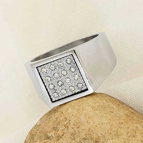 Image of Siver with Stone Steel Square Ring for Men Boys Rings in American Diamond Valentine Birthday Gifts Styish (SILVER) Jewellery